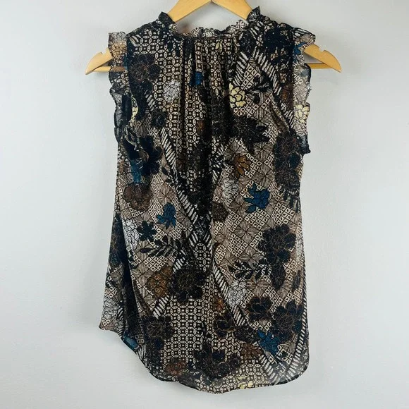 Maison D'Amelie Brown Sleeveless Floral Ruffle Top XS - Picture 2 of 6